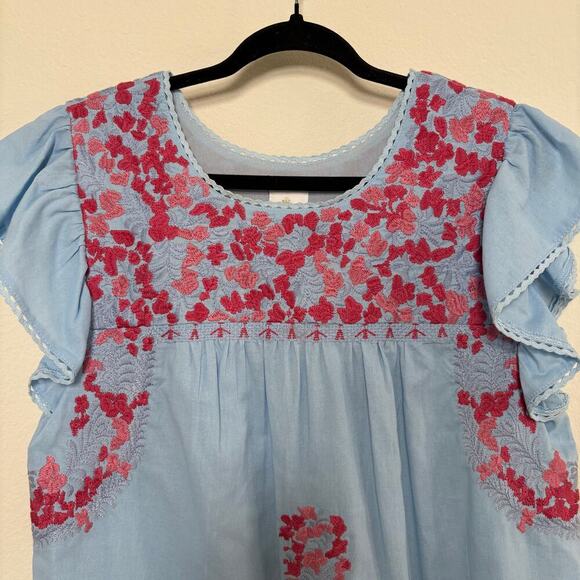 J Marie Embroidered Raelyn Top Blue Pink Flutter Sleeves Size M - Picture 6 of 6